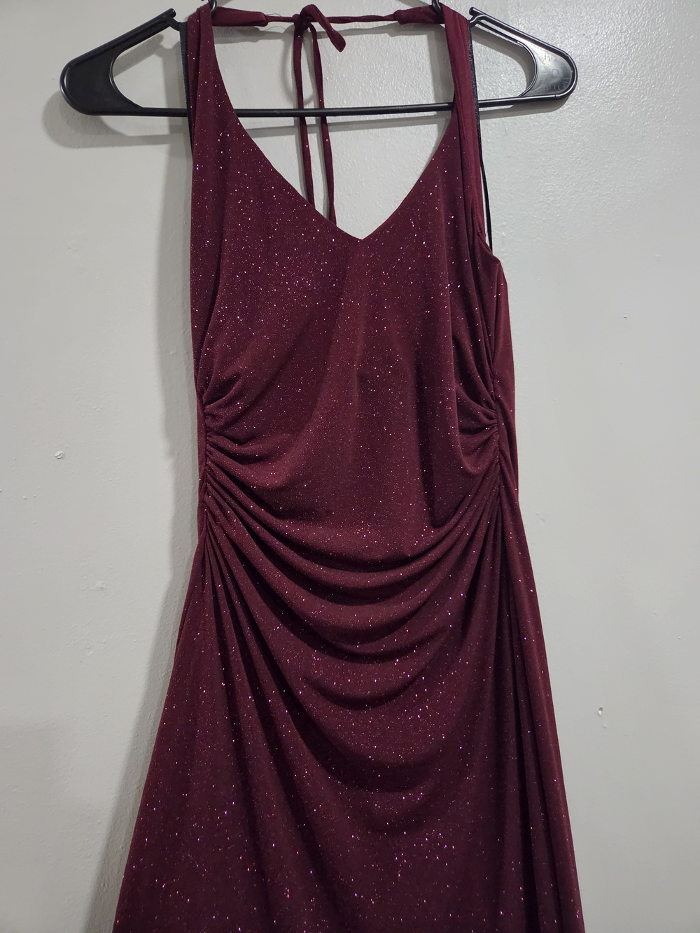 City Triangles Sparkle Wine Halter Tie-Back Prom Dress